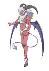 Rule 34 | 1girl, absurdres, bat wings, black horns, body fur, breasts, closed mouth, colored skin, dragon quest, dragon quest v, full body, glasses, goat horns, goat tail, grey fur, grey hair, highres, hooves, horns, long hair, medium breasts, messala (dragon quest), navel, personification, pink skin, pointy ears, powerhamuhamu, purple wings, round eyewear, simple background, solo, standing, white background, wings, yellow eyes
