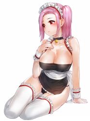 Rule 34 | 1girl, arm support, bell, black dress, black panties, blush, bob cut, breasts, choker, cleavage, closed mouth, collarbone, detached sleeves, dress, female focus, frilled dress, frilled thighhighs, frills, full body, gluteal fold, highres, jingle bell, kfr, large breasts, long hair, looking away, looking to the side, maid, maid headdress, md5 mismatch, no shoes, original, panties, pantyshot, pink hair, red eyes, resolution mismatch, ribbon trim, short dress, side ponytail, side slit, simple background, sitting, solo, strapless, strapless dress, string panties, thigh gap, thighhighs, tube dress, underwear, white background, white thighhighs, wrist cuffs, yokozuwari