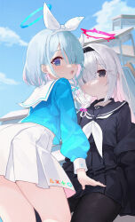 Rule 34 | 2girls, absurdres, arona (blue archive), blue archive, blue eyes, blue hair, bow, hair bow, highres, long hair, looking at viewer, multicolored hair, multiple girls, plana (blue archive), short hair, shou xun bu liang, two-tone hair, white bow, white hair