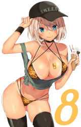 Rule 34 | 1girl, bikini tan, blue eyes, breasts, cleavage, closed mouth, collarbone, commentary request, food, hair between eyes, hand on headwear, hat, ice cream, large breasts, looking at viewer, mataro (matarou), navel, original, short hair, silver hair, smile, solo, standing, tan, tanline, thighhighs, tongue, tongue out, white background, wristband