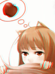 Rule 34 | ahoge, anaglyph, animal ears, apple, brown hair, food, fruit, holo, red eyes, spice and wolf, tail