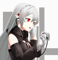 Rule 34 | 1girl, absurdres, ahoge, ao oni (onioni-aoi), arknights, black dress, black scarf, black sleeves, braid, commentary request, cross, detached sleeves, dress, fangs, gloves, greek cross, grey background, grey hair, hair between eyes, hair ornament, hand on own ear, hand up, highres, holding, holding stethoscope, long hair, long sleeves, looking ahead, open mouth, pointy ears, red eyes, scarf, simple background, sleeveless, sleeveless dress, solo, stethoscope, teeth, upper body, upper teeth only, warfarin (arknights), white background, white gloves
