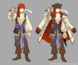 Rule 34 | 1boy, boots, brown footwear, coat, coat on shoulders, concept art, cutlass, cutlass, emiya shirou, fate/grand order, fate (series), grey background, hat, holding, holding weapon, long sleeves, looking at viewer, male focus, official alternate costume, official art, pirate, pirate hat, red hair, senji muramasa (fate), shirahama kamome, simple background, solo, sword, weapon, yellow eyes