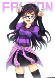 Rule 34 | 1girl, absurdres, black-framed eyewear, black hair, black shirt, black skirt, black thighhighs, character request, cropped legs, dated, double v, glasses, hands up, highres, long hair, long sleeves, looking at viewer, open mouth, original, pleated skirt, purple eyes, purple shirt, semi-rimless eyewear, senpaihawkkun, shirt, short sleeves, signature, simple background, skirt, smile, solo, striped clothes, striped shirt, thighhighs, tied sweater, under-rim eyewear, undershirt, v, white background, zettai ryouiki