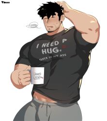 Rule 34 | 1boy, abs, bara, beard, black hair, bulge, clothes writing, cowboy shot, cup, dad mug, facial hair, hand on own head, highres, hiro (taco), holding, holding cup, large pectorals, long sideburns, male focus, midriff peek, mug, muscular, muscular male, mustache, nipples, original, pants, pectorals, scribble, short hair, sideburns, sleepy, solo, stomach, taco (el tacc0), thick eyebrows, thick thighs, thighs, topless male, track pants