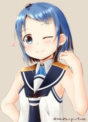 Rule 34 | 1girl, ;), alternate hair length, alternate hairstyle, armpit peek, bare arms, bare shoulders, black neckerchief, blue eyes, blue hair, blush, brown background, eighth note, gradient hair, hand in own hair, hand up, kantai collection, looking at viewer, mae (maesanpicture), multicolored hair, musical note, neckerchief, no gloves, one eye closed, sailor collar, samidare (kancolle), shirt, short hair, simple background, sleeveless, sleeveless shirt, smile, solo, swept bangs, twitter username, upper body, white shirt, wing collar