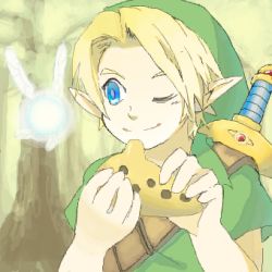 Rule 34 | 1boy, blonde hair, blue eyes, child, fairy, green shirt, hat, instrument, link, lowres, male focus, navi, nintendo, ocarina, oekaki, pointy ears, shirt, smile, solo, sword, the legend of zelda, the legend of zelda: ocarina of time, weapon, wink, young link