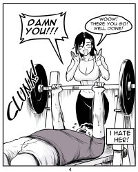 Rule 34 | 1boy, 1girl, abs, absurdres, angry, blush, breasts, cheering, cleavage, closed eyes, crop top, exercising, highres, large breasts, lying, monochrome, muscular, muscular female, on back, open mouth, original, peach88, shirt, short sleeves, shorts, smile, speech bubble, weightlifting