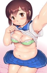 Rule 34 | 1girl, :o, arm up, armpit peek, armpits, blue skirt, blush, bra, breasts, brown eyes, brown hair, cleavage, clothes lift, commentary request, cowboy shot, cropped legs, curvy, foreshortening, gradient background, green bra, hair between eyes, head tilt, highres, lifting own clothes, looking at viewer, medium breasts, muffin top, navel, original, orizen, outstretched arm, panties, pantyshot, pink background, pink panties, pleated skirt, plump, reaching, reaching towards viewer, sailor collar, selfie, shirt, shirt lift, short hair, sitting, skindentation, skirt, solo, underwear, white shirt