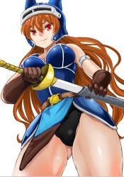 Rule 34 | 1girl, armor, black panties, blue armor, breasts, brown eyes, brown gloves, brown hair, closed mouth, daisy (dq), dragon quest, dragon quest yuusha abel densetsu, fake horns, gloves, helmet, horned helmet, horns, long hair, looking at viewer, panties, simple background, solo, sword, underwear, weapon, white background, yamasan (hachiman)