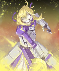 Rule 34 | 1girl, armor, artoria pendragon (fate), ashes, blonde hair, crazy eyes, crazy smile, dress, excalibur (fate/stay night), fate/stay night, fate (series), focused, green eyes, looking at viewer, materclaws, ribbon, saber (fate), smile, solo, sword, weapon, zooming in