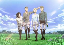 Rule 34 | 2boys, 2girls, :d, arm up, blonde hair, boots, bottle, brown footwear, brown hair, brown shirt, cloud, cloudy sky, collared shirt, commentary request, day, dress shirt, field, flower, forest, gelgar (shingeki no kyojin), grass, grey pants, henning (shingeki no kyojin), highres, holding, holding bottle, holster, leaning forward, lens flare, looking at another, looking up, lynne (shingeki no kyojin), military, military uniform, multiple boys, multiple girls, nanaba, nature, official art, open mouth, outdoors, pants, rock, shingeki no kyojin, shirt, short hair, sky, smile, suspenders, thigh holster, tree, uniform, walking, white shirt