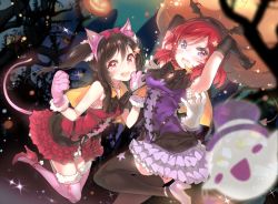 Rule 34 | 10s, 2girls, animal ears, animal hands, bad id, bad pixiv id, bat wings, black hair, blush, bow, cat ears, cat paws, cat tail, dancing stars on me!, demon tail, elbow gloves, fake animal ears, fake tail, gloves, hair bow, hairband, halloween, high heels, jack-o&#039;-lantern, long hair, looking at viewer, love live!, love live! school idol project, multiple girls, nishikino maki, open mouth, paw gloves, pumpkin, purple eyes, red eyes, red hair, short hair, skirt, smile, star (symbol), tail, tears, thighhighs, twintails, wings, yazawa nico, yuran