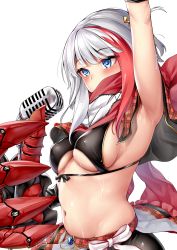 Rule 34 | 1girl, 3104 (3104milkshake), admiral graf spee (azur lane), admiral graf spee (world&#039;s cutest) (azur lane), admiral graf spee (world&#039;s cutest) (azur lane), arm up, armpits, azur lane, belly, blue eyes, blush, breasts, claws, commentary request, covered erect nipples, grey hair, hair ornament, highres, looking away, medium breasts, miniskirt, multicolored hair, navel, red hair, scarf, short hair, shorts, shorts under skirt, sidelocks, simple background, skirt, solo, streaked hair, sweat, underboob, white background