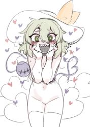 Rule 34 | 1girl, :d, blush, bow, eyeball, green eyes, hands on own cheeks, hands on own face, hat, hat bow, heart, heart of string, highres, komeiji koishi, looking at viewer, medium hair, nude, nyong nyong, open mouth, sharp teeth, simple background, smile, solo, sun hat, teeth, thighhighs, third eye, touhou, wavy hair, white background, white hat, white thighhighs, yellow bow