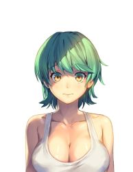 Rule 34 | 1girl, blush, breasts, character request, cleavage, female focus, green hair, korean text, large breasts, looking at viewer, rainmaker, shiny skin, short hair, simple background, solo, tank top, upper body, white background, yellow eyes