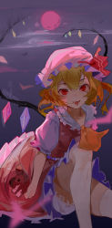 Rule 34 | 1girl, :p, absurdres, bat (animal), blonde hair, bloomers, cloud, collarbone, crystal, fang, feet out of frame, fish (red star child), flandre scarlet, flat chest, frilled shirt collar, frills, full moon, hat, hat ribbon, highres, holding, holding stuffed toy, knee up, looking at viewer, mob cap, moon, night, night sky, one side up, outdoors, parted lips, pink hat, puffy short sleeves, puffy sleeves, red eyes, red moon, red ribbon, red skirt, red vest, ribbon, short hair, short sleeves, single thighhigh, sitting, skirt, skirt set, sky, solo, stuffed animal, stuffed toy, teddy bear, thighhighs, tongue, tongue out, touhou, tsurime, underwear, vest, white thighhighs, wings