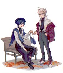 Rule 34 | 2boys, alternate costume, bag, bench, black footwear, black sweater, blue hair, blue headwear, casual, closed mouth, genshin impact, grey hair, hair between eyes, hand in pocket, hat, highres, jacket, jewelry, kaedehara kazuha, leaf, long sleeves, male focus, multicolored hair, multiple boys, necklace, open mouth, oshi taberu, pants, ponytail, red eyes, red hair, scaramouche (genshin impact), shoes, simple background, sitting, sneakers, standing, streaked hair, sweater, turtleneck, turtleneck sweater, white background
