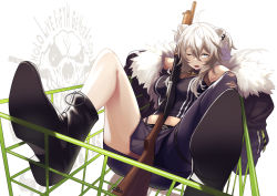 Rule 34 | 1girl, ahoge, animal ears, asymmetrical legwear, between breasts, bob-the-bison, boots, breasts, cleavage, coat, commentary request, fur-trimmed coat, fur trim, grey eyes, grey hair, gun, hololive, lion ears, long hair, looking at viewer, one eye closed, open mouth, pump action, remington 870, see-through, see-through cleavage, shishiro botan, shishiro botan (1st costume), shopping cart, shotgun, simple background, sitting, solo, torn clothes, virtual youtuber, weapon, weapon request, white background