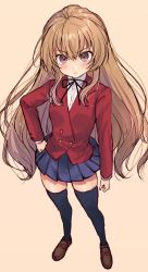 Rule 34 | 1girl, absurdres, aisaka taiga, bad id, bad pixiv id, black ribbon, black thighhighs, blazer, blue skirt, blush, brown background, brown eyes, brown footwear, brown hair, closed mouth, collared shirt, commentary request, dress shirt, full body, hair between eyes, hand on own hip, highres, honami (yths4221), jacket, loafers, long hair, neck ribbon, oohashi high school uniform, pleated skirt, red jacket, ribbon, school uniform, shirt, shoes, simple background, skirt, solo, standing, thighhighs, toradora!, very long hair, white shirt