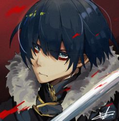 Rule 34 | 1boy, blood, blue eyes, blue hair, closed mouth, epeulu (ate5424), film grain, fur trim, gradient background, male focus, original, red background, signature, solo, sword, turtleneck, upper body, weapon