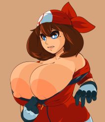 Rule 34 | 1girl, bandana, blue eyes, blush, bouncing breasts, breasts, breasts out, brown hair, center opening, cleavage, clenched teeth, collarbone, creatures (company), game freak, highres, huge breasts, large areolae, may (pokemon), mystical, nintendo, nipples, pokemon, pokemon rse, simple background, solo, teeth, upper body, wardrobe malfunction, white background, zipper, zipper pull tab