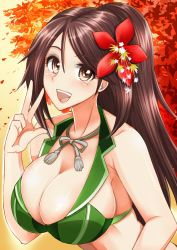 Rule 34 | 10s, 1girl, alternate costume, amagi (kancolle), bare shoulders, bikini, bikini top only, breasts, brown eyes, brown hair, cleavage, collarbone, commentary request, eyebrows, flower, green bikini, hair between eyes, hair flower, hair ornament, kantai collection, large breasts, long hair, looking at viewer, makumaxu, mole, mole under eye, open mouth, ponytail, solo, swimsuit, upper body, v