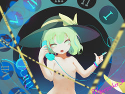 Rule 34 | 1girl, absurdres, antique phone, asymmetrical hair, bandaid, bandaids on nipples, berserker r, blood, bow, breasts, caution tape, collarbone, dial, floral print, green hair, hat, hat bow, highres, holding, holding phone, komeiji koishi, looking at viewer, medium breasts, navel, nude, open mouth, pasties, phone, pink blood, ribbon, roman numeral, rose print, rotary phone, shirt, short hair, signature, skirt, small breasts, solo, string, string around finger, teeth, touhou, upper body, upper teeth only, wavy hair, wrist ribbon