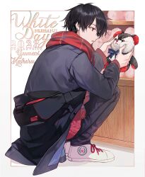 Rule 34 | 1boy, absurdres, bag, black hair, black jacket, black pants, border, character name, copyright name, earrings, highres, holding, holding stuffed toy, iv 4t, jacket, jewelry, long sleeves, nijisanji, outside border, pants, plaid, plaid scarf, red eyes, red scarf, red sweater, scarf, shoes, short hair, sneakers, solo, squatting, stuffed animal, stuffed toy, sweater, teddy bear, virtual youtuber, white border, white day, white footwear, yumeoi kakeru