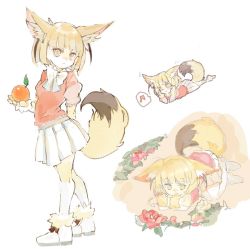 Rule 34 | 10s, 1girl, animal ear fluff, animal ears, blonde hair, bow, bowtie, commentary request, elbow gloves, fennec (kemono friends), flower, food, fox ears, fox tail, fruit, full body, fur collar, fur trim, gloves, kemono friends, konabetate, lying, multiple views, musical note, on stomach, orange (fruit), pleated skirt, puffy short sleeves, puffy sleeves, short hair, short sleeves, simple background, skirt, standing, tail, thighhighs, white background