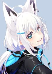 Rule 34 | 1girl, :d, ahoge, animal ear fluff, animal ears, bad id, bad pixiv id, black bow, black jacket, blue eyes, bow, braid, commentary request, drawstring, extra ears, fox ears, from side, gezerun, grey background, hair bow, hair ornament, hairclip, highres, hololive, hood, hood down, hooded jacket, jacket, long hair, looking at viewer, looking to the side, low ponytail, open mouth, shirakami fubuki, side braid, sidelocks, silver hair, simple background, smile, solo, teeth, upper body, virtual youtuber