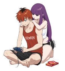 1boy 1girl black_hair black_shorts camisole controller dolphin_shorts fatzhai fern_(sousou_no_frieren) game_controller highres holding holding_controller holding_game_controller long_hair multicolored_hair purple_eyes purple_hair red_eyes red_hair red_tank_top short_hair short_shorts shorts simple_background sitting sousou_no_frieren stark_(sousou_no_frieren) tank_top two-tone_hair white_background white_camisole