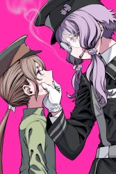 Rule 34 | 2girls, absurdres, alternate costume, anger vein, angry, belt, black jacket, brown eyes, brown hair, cheek squash, cigar, collared shirt, commentary, cross, from side, glaring, glasses, gloves, green jacket, grey belt, grin, hair ribbon, half-closed eyes, hat, height difference, high collar, highres, iron cross, jacket, light purple hair, long sleeves, looking at another, looking down, looking up, low ponytail, mashima jirou, military hat, military uniform, mouth hold, multiple girls, pink background, profile, purple eyes, ribbon, round eyewear, shirt, short hair with long locks, simple background, smile, smirk, smoke trail, smoking, smug, tsukuyomi ai, uniform, upper body, v-shaped eyebrows, vocaloid, voiceroid, white gloves, white ribbon, white shirt, yuzuki yukari