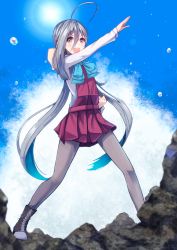 Rule 34 | 10s, 1girl, ahoge, blue hair, blue sky, boots, bow, bowtie, brown eyes, cross-laced footwear, day, dress, grey hair, grey pantyhose, hair between eyes, henshin pose, highres, kamen rider, kantai collection, kiyoshimo (kancolle), konkito, lace-up boots, long hair, long sleeves, looking at viewer, low twintails, multicolored hair, open mouth, outdoors, pantyhose, pleated dress, shirt, sky, sleeveless, sleeveless dress, solo, sun, twintails, very long hair, white shirt