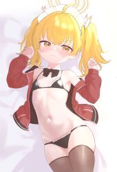Rule 34 | 1girl, absurdres, ahoge, armpits, bare shoulders, bikini, black bikini, black bow, black bowtie, blonde hair, blue archive, blush, bow, bowtie, brown thighhighs, closed mouth, collar, commentary request, cowboy shot, detached collar, dot nose, flat chest, frilled bikini, frills, groin, hair between eyes, hair bow, halo, hands up, highres, jacket, korean commentary, light frown, linea alba, lk149, long sleeves, looking at viewer, maid, maid bikini, maid headdress, medium hair, micro bikini, navel, off shoulder, on bed, red jacket, sidelocks, skindentation, solo, straight hair, sweatdrop, swimsuit, thighhighs, twintails, unconventional maid, v-shaped eyebrows, white bow, white collar, yellow eyes, yoshimi (blue archive)