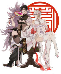 Rule 34 | 3boys, abs, alternate costume, belial (granblue fantasy), black hair, blue eyes, chair, character request, china dress, chinese clothes, crossdressing, dress, feathers, flower, granblue fantasy, hair flower, hair ornament, hand fan, high heels, highres, i u u ii, lace, licking lips, male focus, multiple boys, muscular, paper fan, red eyes, silver hair, simple background, thighhighs, tongue, tongue out, white background