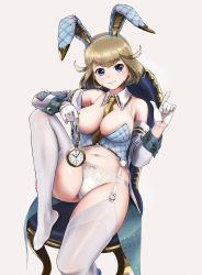 Rule 34 | 1girl, animal ears, arm rest, bare shoulders, beleven, between breasts, blonde hair, blue eyes, breasts, cameltoe, chair, closed mouth, coattails, corset, detached collar, detached sleeves, fake animal ears, garter straps, gloves, hairband, half gloves, hand up, highres, index finger raised, knee up, large breasts, looking at viewer, medium hair, navel, necktie, necktie between breasts, no pants, on chair, original, paid reward available, panties, pocket watch, rabbit ears, shiny skin, simple background, sitting, skindentation, smile, solo, spaghetti strap, spread legs, stomach, thighhighs, underbust, underwear, watch, white background, white gloves, white panties, white thighhighs, wing collar, yellow necktie