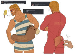 Rule 34 | 1boy, arthur morgan, ass, ass cutout, ass peek, back, bandaid, bandaid on cheek, bandaid on face, bandaid on nose, bara, blonde hair, blue male swimwear, butt crack, closed mouth, clothing cutout, crossed arms, dilfborne (ventiskull), facial hair, food, highres, innertube, large pectorals, male focus, male swimwear, muscular, muscular male, pectorals, popsicle, red dead redemption, red dead redemption 2, short hair, sunglasses, swim ring, white male swimwear