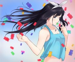 Rule 34 | 1girl, bad id, bad pixiv id, black eyes, black hair, blue shirt, breasts, candy, cleavage, collarbone, commentary request, earrings, floating hair, flower earrings, food, gummy bear, hair ribbon, hairband, holding, jewelry, long hair, looking at viewer, looking to the side, medium breasts, original, parted lips, ribbon, shirt, solo, tank top, tsukiman, white hairband, white ribbon