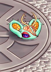 Rule 34 | antlers, fecto elfilis, furry, green fur, highres, horns, kirby (series), kirby and the forgotten land, kuromura jin, manhole, multicolored eyes, nintendo, peeking out, signature, solo