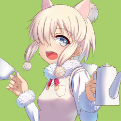 Rule 34 | 10s, 1girl, :d, alpaca ears, alpaca suri (kemono friends), animal ears, blonde hair, blue eyes, cup, fur collar, fur trim, green background, hair over one eye, highres, kemono friends, long sleeves, looking at viewer, open mouth, short hair, simple background, sion (sion9117ys), smile, solo, teacup, teapot, upper body, vest