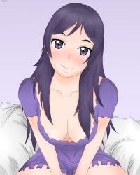 Rule 34 | 1girl, absurdres, alternate eye color, breasts, cleavage, closed mouth, downblouse, hair down, head tilt, highres, large breasts, long hair, looking at viewer, love live!, love live! school idol project, matching hair/eyes, no bra, purple eyes, purple hair, santy em, signature, sitting, smile, solo, tojo nozomi