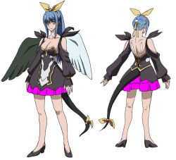 Rule 34 | 1girl, asymmetrical wings, black dress, blue hair, breasts, character sheet, dizzy (guilty gear), dress, feathered wings, guilty gear, guilty gear vastedge xt, high heels, large breasts, long hair, official art, ponytail, red eyes, ribbon, tail, wings, yellow ribbon