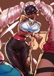 Rule 34 | 1girl, absurdres, arms (game), artist name, ass, bare shoulders, bracelet, breasts, brown background, commentary request, curvy, dark skin, dark-skinned female, drill hair, earrings, green eyes, highres, ichigai (hayawossan), jewelry, lips, long hair, looking at viewer, mask, medium breasts, pink hair, signature, simple background, smile, solo, thick thighs, thighs, twin drills, twintelle (arms), very long hair, wide hips