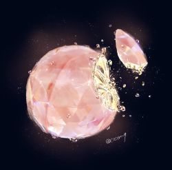 Rule 34 | artist name, black background, cocon (cocon q), food, food focus, fruit, highres, light particles, no humans, original, peach, pink theme, shattered, signature, simple background, still life, twitter username, water drop
