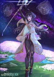 Rule 34 | 1boy, 2girls, absurdres, ahoge, arm up, armpits, black hair, blue eyes, breasts, commission, constellation, detached sleeves, dress, fate/grand order, fate (series), flower, fujimaru ritsuka (male), grass, hair intakes, highres, holding, holding staff, if they mated, leotard, long hair, merlin (fate/prototype), milky way, multiple girls, night, night sky, one eye closed, original, pink eyes, pink flower, radishkek, sky, small breasts, smile, staff, star (sky), starry sky, stream, tongue, tongue out, twitter username, white hair