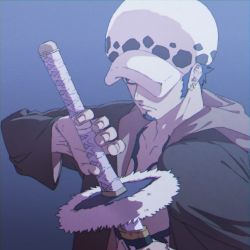 Rule 34 | 1boy, facial mark, hat, hat over one eye, holding, holding sword, holding weapon, jacket, long sleeves, male focus, obobkkp, one piece, open clothes, open jacket, solo, sword, trafalgar law, weapon