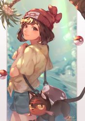 Rule 34 | 1girl, alolan exeggutor, alolan form, bag, beanie, brown eyes, brown hair, closed mouth, commentary, creatures (company), eyelashes, floral print, game freak, gen 7 pokemon, green shorts, hands up, hat, highres, holding strap, litten, looking to the side, nintendo, poke ball, poke ball (basic), pokemon, pokemon (creature), pokemon sm, raga, red headwear, selene (pokemon), shirt, short shorts, short sleeves, shorts, signature, smile, sparkle, t-shirt, tied shirt, twitter username