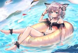 Rule 34 | 1girl, ahoge, animal ears, ankle cuffs, arknights, bikini, bird, black bikini, blue eyes, blush, brown hair, commentary, dutch angle, fox ears, full body, headphones, innertube, looking at viewer, official alternate costume, outdoors, seagull, shipi (qlenf0715), short hair, short twintails, sitting, solo, sussurro (arknights), sussurro (summer flower) (arknights), swim ring, swimsuit, twintails, water, wet