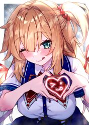Rule 34 | 1girl, akai haato, akai haato (1st costume), blonde hair, blue skirt, blush, breasts, closed mouth, commentary, english commentary, green eyes, hair ornament, hair ribbon, hair scrunchie, heart, heart hair ornament, heart hands, highres, hololive, large breasts, leaning forward, licking lips, low twintails, nail polish, neck ribbon, one eye closed, one side up, red nails, red ribbon, redcomet, ribbon, scrunchie, shirt, skirt, smile, solo, tongue, tongue out, twintails, upper body, virtual youtuber, white shirt